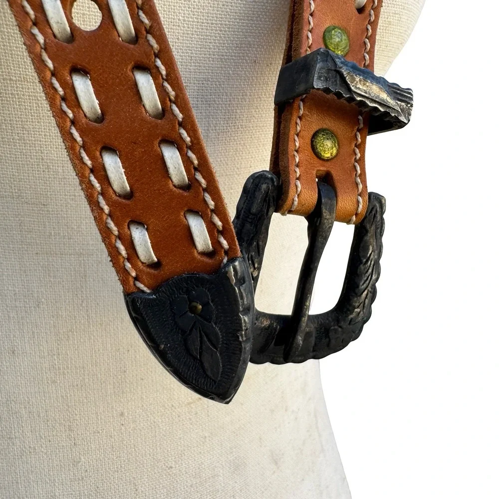 Gilles Herve Paris Tan Leather Whipstitch‎ Western Belt Made in France Size 80